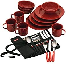 red dinnerware and utensils laid out on a white background