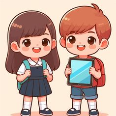 two young children are standing next to each other holding an electronic device in their hands