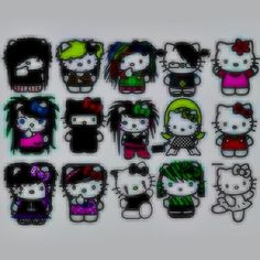 a bunch of hello kitty stickers on a white surface with black and green hair