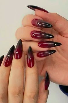 Red Black Nails, Edgy Nails, Almond Acrylic Nails, Creative Nails, Long Acrylic Nails