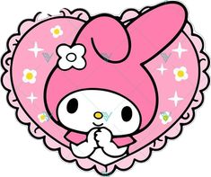 a pink heart shaped animal with a bow on it's head and flowers in the background