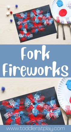 two paper plates with red, white and blue fireworks painted on them next to each other