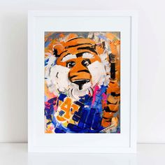 a painting of a tiger wearing an orange and blue jersey with the number four on it's chest