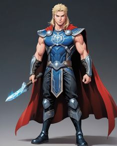 a man dressed as thor is standing with his hands on his hips and holding two swords