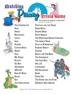 the matching disney movie trivia game is shown in this image, it's very easy to use