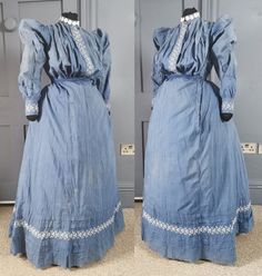 A rare antique day dress with American ' Old West ' styling dating to the 1890s or early 1900s, late Victorian / Edwardian. Impossible to say where this was originally worn,  the design however clearly  takes it's design cues from a traditional Western / cowboy shirt in it's fabric and details. Two pieces, a shirtwaist bodice and skirt, in mid blue Chambray, lightweight but sturdy and utilitarian it reads as denim. The bodice is loose fitting, fastening at the front with concealed buttons, gathe Victorian Dress With Long Sleeves And Historical Design, Victorian Prairie Dress With Long Sleeves For Daywear, Victorian Style Long Sleeve Prairie Dress For Daywear, Victorian Cotton Prairie Dress For Daywear, Cotton Victorian Dress With Buttons For Daywear, Historical Prairie Dress For Daywear, Vintage Cotton Prairie Dress For Costume, Cotton Victorian Dress For Daywear, Vintage Victorian Dress With Buttons For Daywear