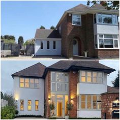 before and after pictures of a house with windows on the front, side by side