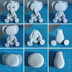 there are many different pictures of an elephant that is made out of fondant clay