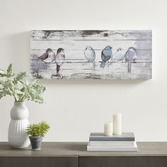 three birds sitting on a wooden plank above a vase with two candles and a potted plant