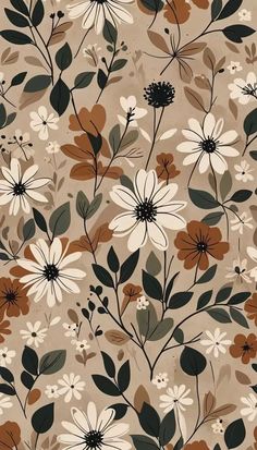 a floral pattern with brown, white and green flowers on a beige background for wallpaper