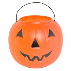 an orange halloween pumpkin shaped bucket with black eyes and teeth on the front, hanging from a wire