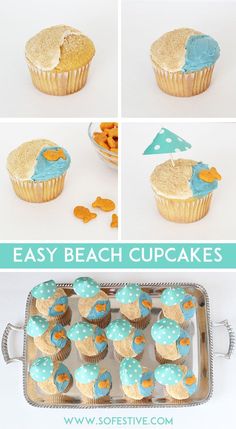 easy beach cupcakes with blue and yellow frosting are ready to be eaten