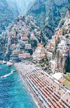 an aerial view of the beach and hotels in positanoa, amalfna