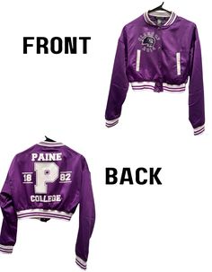 Picture a stylish, satin cropped varsity jacket inspired by Paine College. The jacket features a sleek, shiny finish in the college's signature colors--deep purple and bright white. This jacket exudes school pride while offering a trendy, cropped silhouette perfect for fashion-forward alumni or current students who want to represent Paine College with style. Note: this jacket does not come with personalization. It will only have the image of the lion on the front Purple Varsity Jacket For Fall Streetwear, Casual Purple Varsity Jacket For College, Purple Varsity Jacket For Streetwear, Purple Varsity Outerwear For College, Spring College Fitted Varsity Jacket, Paine College, School Jacket, School Pride, Cropped Jacket