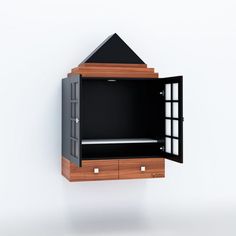 an open cabinet on the wall with drawers