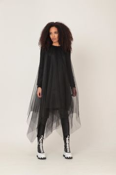 Black Sheer Dress, Black Tulle Dress, Plus Size Tulle Dress OVERSIZED MIDI DRESS IN ASYMMETRIC RICH TULLE NET LAYERS GARMENT FEATURES: * A truly stunning design with a WOW-effect when moving * Asymmetric rich tulle layers of soft net * Fully lined with soft cotton jersey * Ribbed classic crew neckline * Long jersey sleeves in a sweatshirt pattern, covered in tulle * Light weighted and comfy to wear * Part of our ADEPTT PREMIUM edit SIZING & FITTING: Model is 172cm tall and wears size S. This Black Dress Plus Size, Black Gothic Dress, Clothing Oversized, Black Tulle Dress, White Dress Winter, Sweatshirt Pattern, Black Sheer Dress, Witch Dress, Black Linen Dress