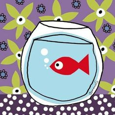 an image of a fish in a bowl with polka dot table cloth on the bottom