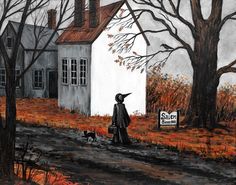 a painting of a woman walking her dog in front of a house with a for sale sign