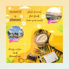 a poster with different things on it that say summer is coming and palm trees are in the background