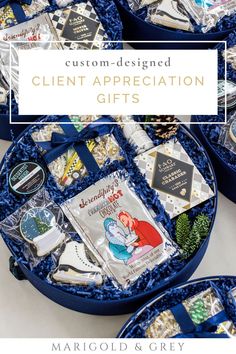 some blue trays filled with different items and the words, custom - designed client appreciation gifts