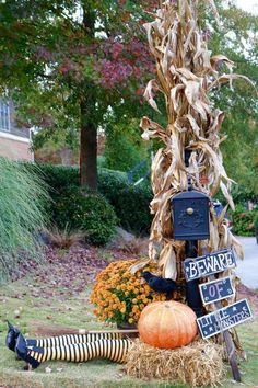 a scarecrow is sitting in front of a corn cob and other decorations on the lawn