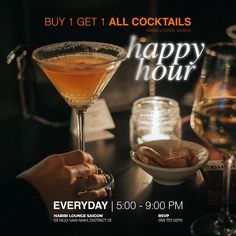 an advertisement for a happy hour cocktail party with two glasses of wine and food on the table