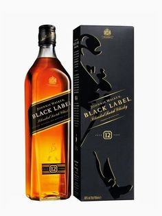 a bottle of black label whisky next to a box