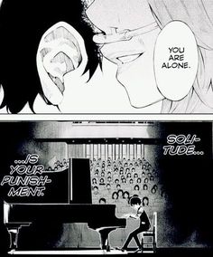 an anime scene with a man sitting at a piano and another person standing in front of him