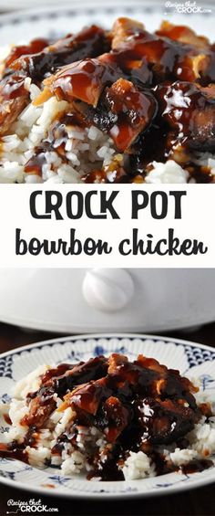 crock pot bourbon chicken on top of rice in a blue and white plate with text overlay