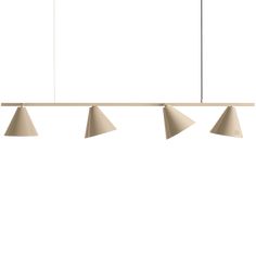 four light beige pendant lamp with three white lamps hanging from the ceiling and one is turned on