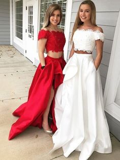 Neckline: Off-the-ShoulderSilhouette: A-Line/PrincessBuilt-in Bra: YesSleeve: SleevelessWaist: NaturalBack Style: OtherHemline/Train: Sweep/Brush Train Two Piece Prom, Ruffle Prom Dress, Prom Dresses With Pockets, Prom Dresses Gowns, Lace Side, Piece Prom Dress, A Line Gown, Prom Dresses Lace, Ball Gowns Wedding