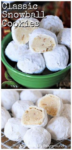 two pictures showing different types of snowball cookies