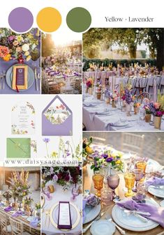 a collage of different pictures with flowers and purples on them, including the table settings