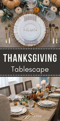 thanksgiving tablescape with pumpkins, gourds and greenery on the table