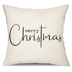 a white pillow with the words merry christmas on it and black lettering in cursive font