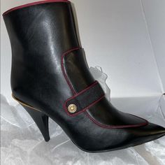 **Bnib** Nine West Leather Westham Booties With Gold Hardware And Burgundy Trim Through. Only Tried On For Sizing. Great Statement Boots For Both Casual And Dressed Up Looks! Runs True To Size For People That Have Wide Feet. Since They’re Pointy Toe And Slightly Narrow At The Toe Box, I Would Say They’re Also Suitable For Someone Who Wears A 7 1/2. Black Leather Pointed-Toe Booties With Side Zipper; Metallic Heel Rand Layered Panel With Strap And Button Detail At Front 3-1/2" Heel Suede Or Leath Fall Office Booties With Closed Toe, Designer Ankle-high Work Boots, Designer Closed Toe Office Boots, Designer Heeled Boots For Office In Fall, Designer Heeled Boots For Fall Office Wear, Designer Boots With Reinforced Heel For Fall, Designer Fall Boots With Reinforced Heel, Fall Leather Sole Work Booties, Designer Heeled Boots With Almond Toe For Fall