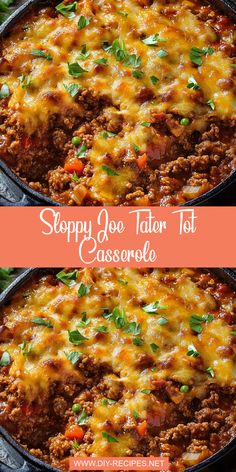 sloppy joe taco tot casserole in a cast iron skillet with the title above it