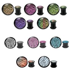 an assortment of animal print screws and plugs with zebra prints on the top