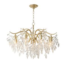 a gold chandelier with crystal drops hanging from it's center and bottom