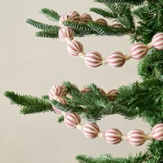 christmas ornaments are hanging from the branches of a pine tree, which is decorated with red and white striped balls