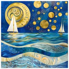 a painting with sailboats in the ocean and gold circles on it's side