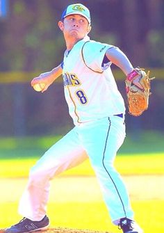 a baseball player pitching a ball on top of a field