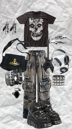 #music #outfitinspo #vibes #misfits #outfit #grunge #y2k #darky2k #fairygrunge #rock #metal #vibes Misfits Outfit, Outfit Ideas Concert, Metal Outfit, Street Style Outfits Casual, Concert Outfit Summer, Punk Rock Outfits