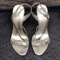 Almost Brand New Silver Heels Great For Special Occasions, Barely Worn - Great Condition Formal Sandals With Chain Strap For Spring, Silver High Heels With Chain Strap, Silver Open Toe Sandals With Chain Strap, Silver Heels With Chain Strap, Sandals High Heels, Silver Sandals, Guess By Marciano, Silver Heels, Shoes Women Heels