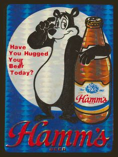 an advertisement for hamm's beer with a cartoon penguin holding a bottle