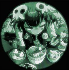 an anime character surrounded by food and other items in a circular image with black background