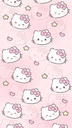 hello kitty wallpaper in pink with stars and bows on it's head, as well as many other cartoon characters