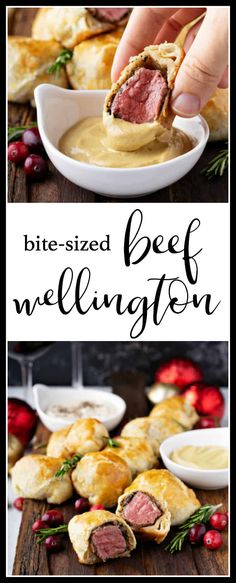 two pictures showing different types of meat wellingtons, with the words bite - sized beef wellington