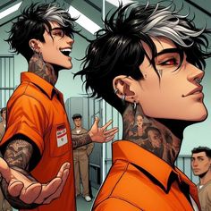 two men in prison uniforms with tattoos on their arms, one is talking to the other