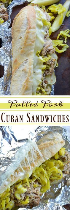 two pictures showing different types of sandwiches on tin foil with the words pulled pork and cuban sandwiches